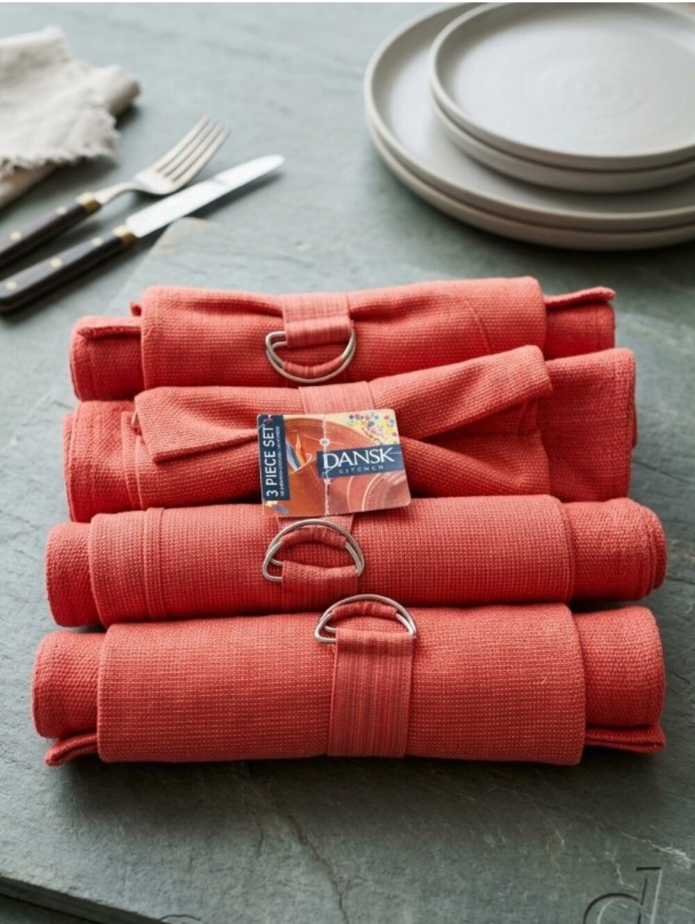 Dansk 3-Piece Table Linen Set Coral Red Woven Placemat Napkin & Ring For 4